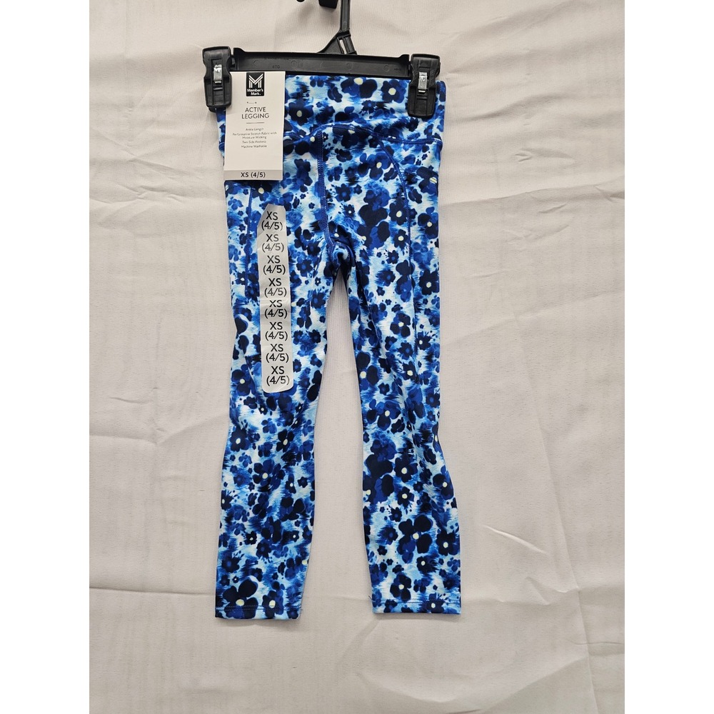 Member's Mark Girls Active Leggings Blue‎ Floral Print XS 4/5 Side Pockets